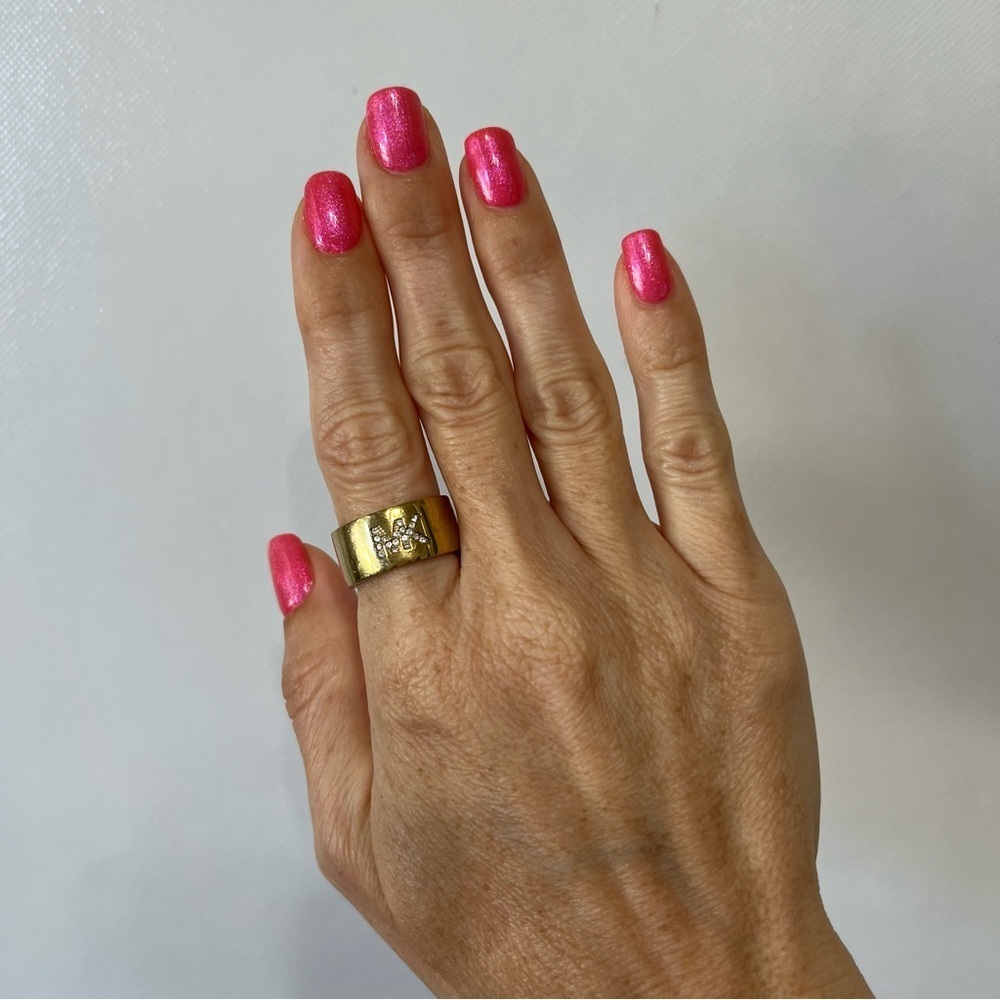Michael Kors signed Gold Tone CZ Logo Wide Band Ring
